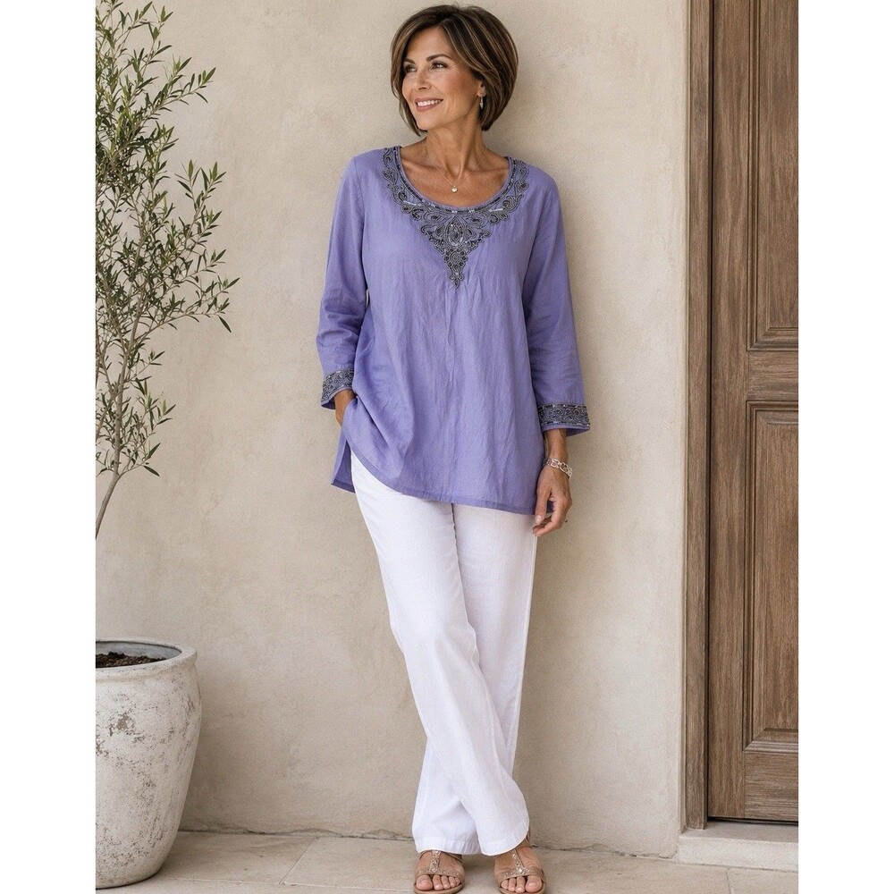 Women’s Size Large Lilac Beaded Tunic Top NWOT  Old Money Grandma Core Coastal